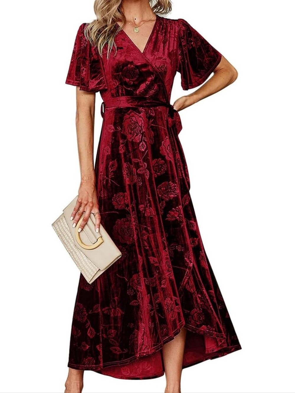 Lux Velvet Floral Wrap Maxi Robe in Deep Wine